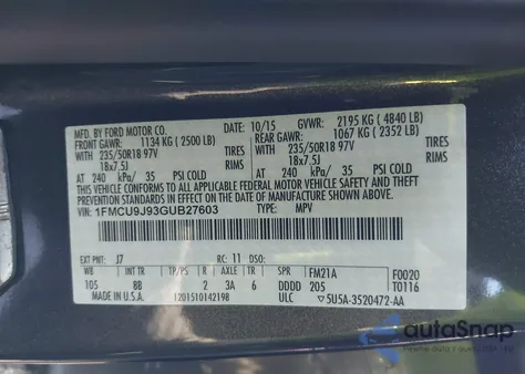 2016 Ford Escape Titanium из США, поврежденный, VIN 1FMCU9J93GUB27603